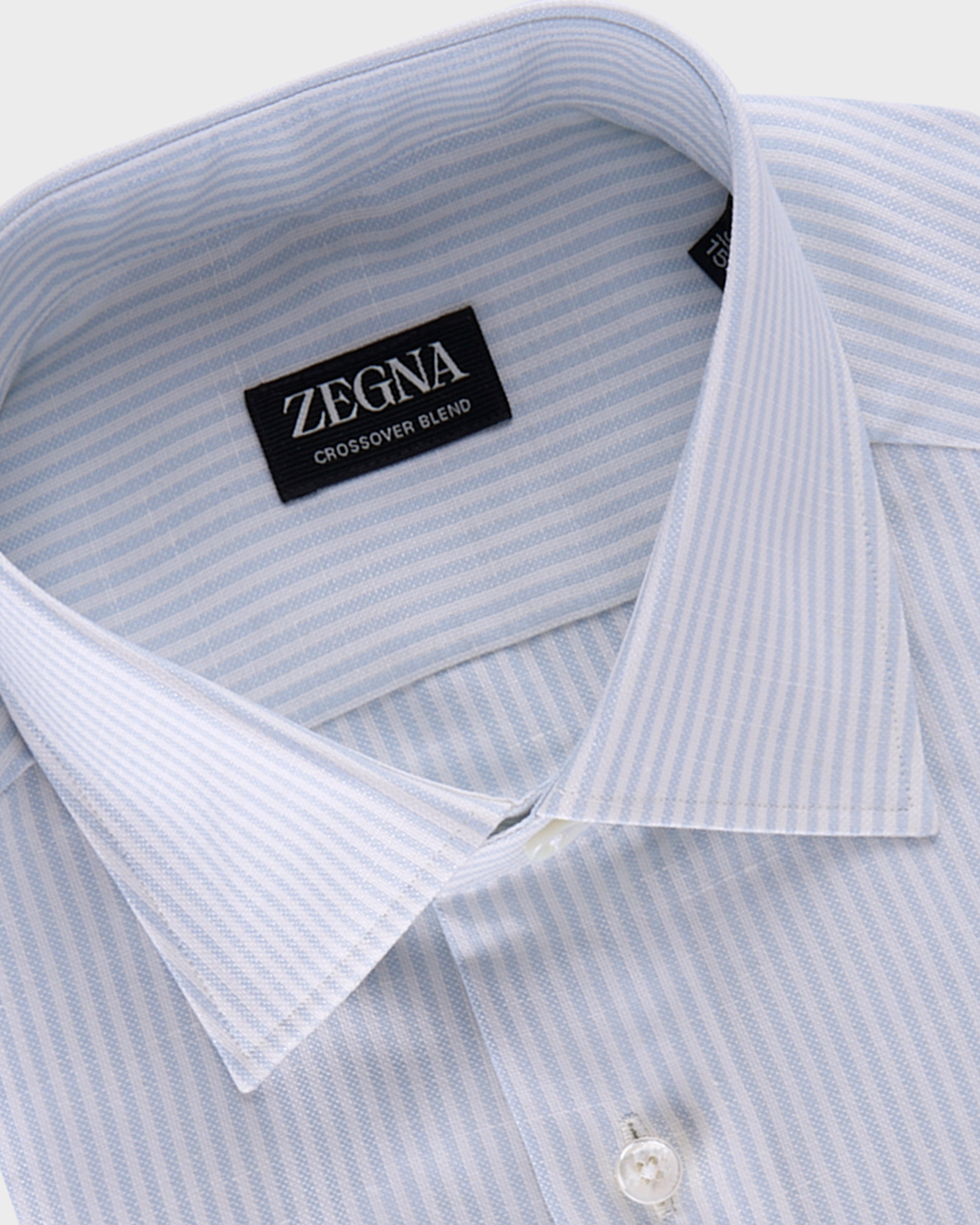 Light Blue And Off White Pinstripe Crossover Blend Shirt