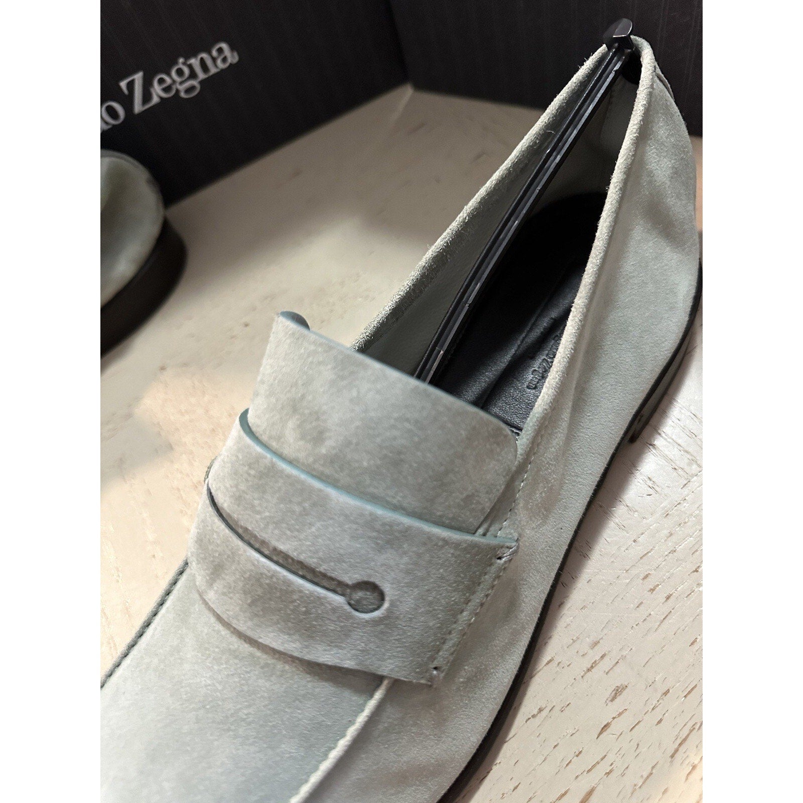New $990 Ermenegildo Zegna Suede Reverse Construction Loafers LT Green 13 US