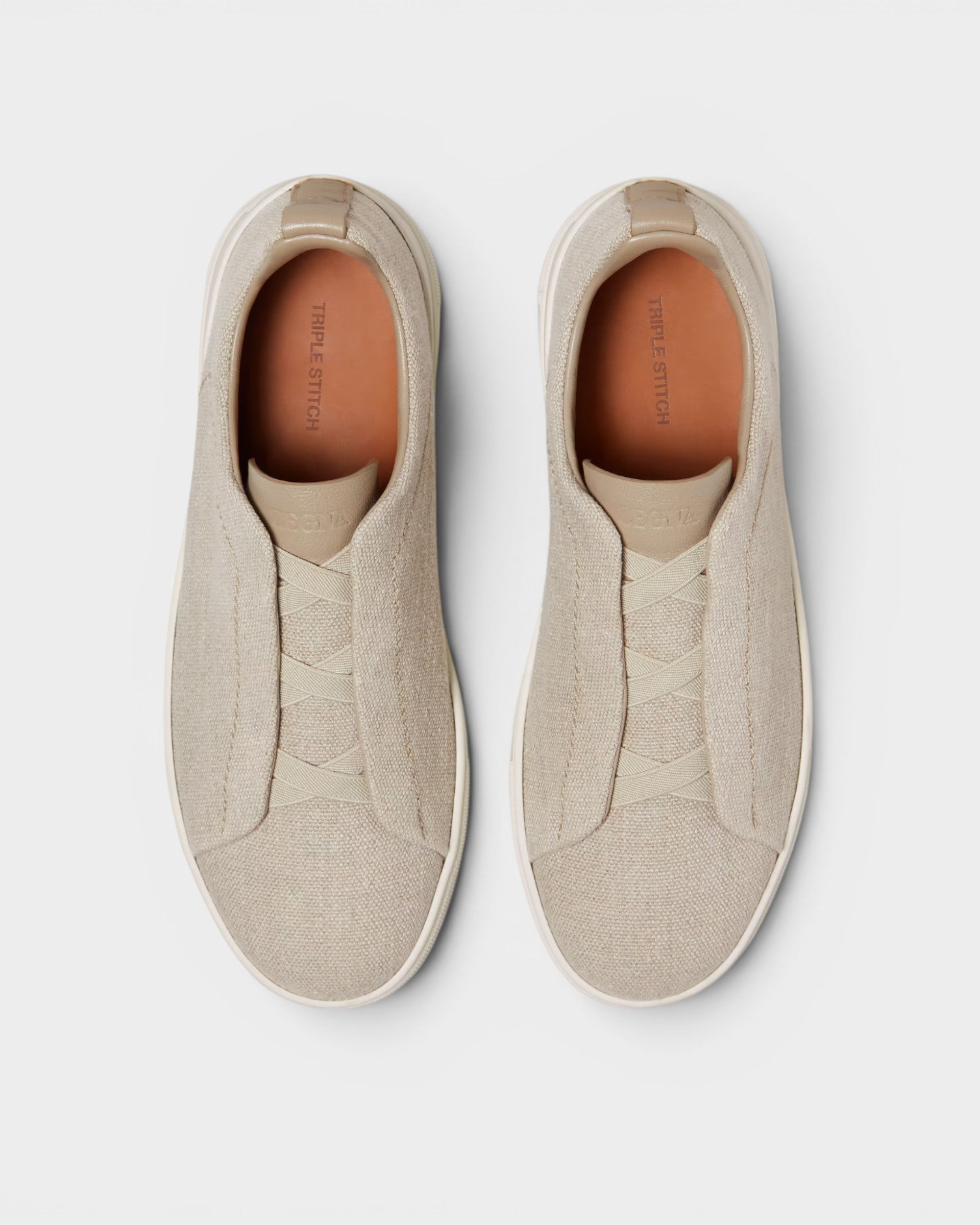 Cotton Linen & Leather Triple Stitch Sneakers | Light Beige