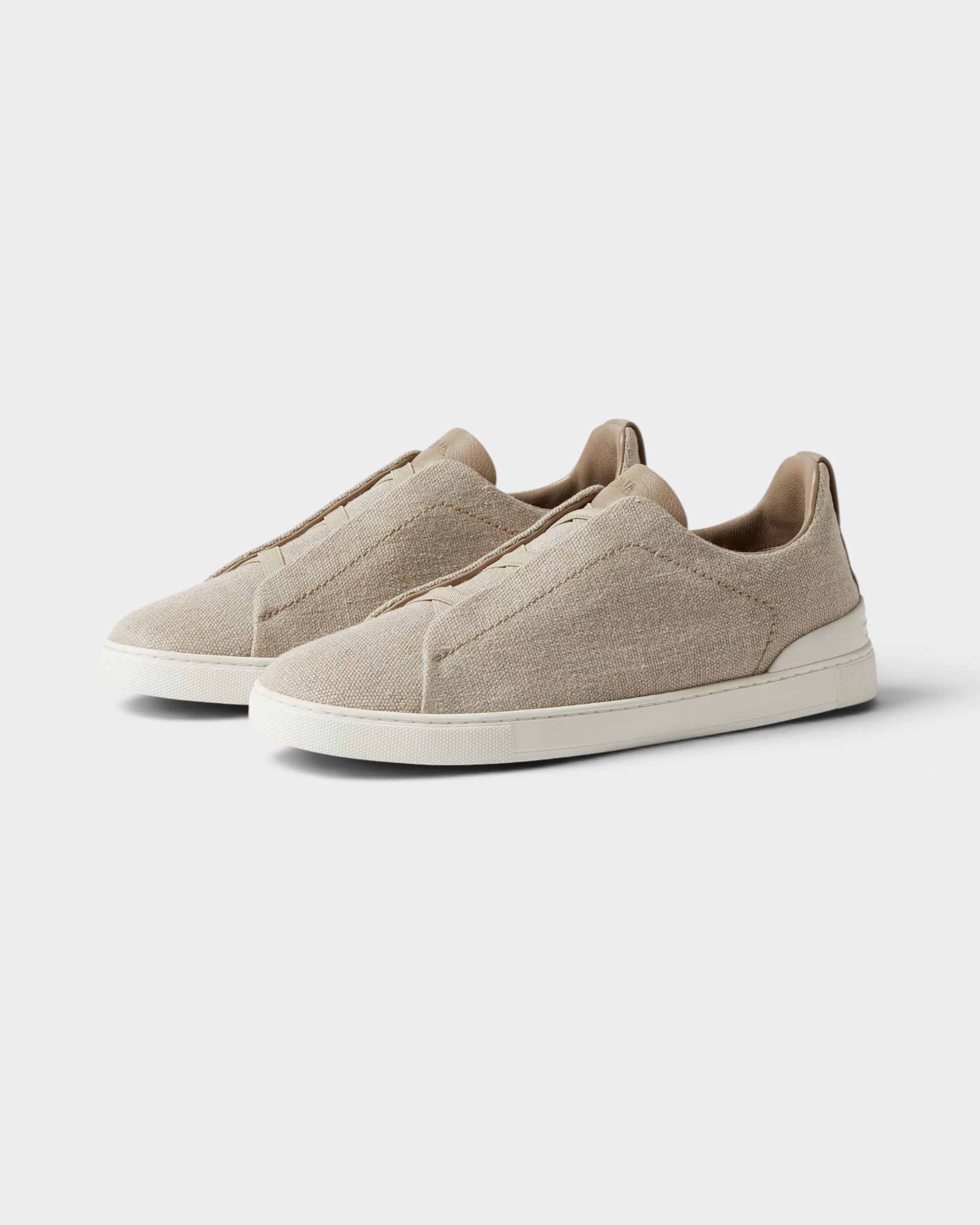 Cotton Linen & Leather Triple Stitch Sneakers | Light Beige