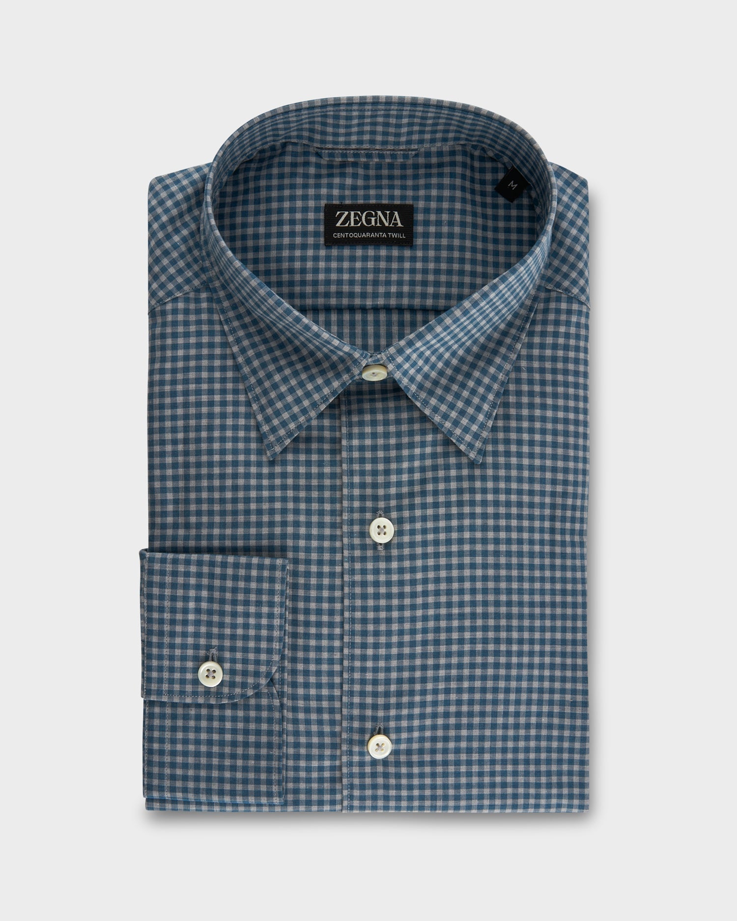 Teal Blue Gingham Centoquaranta Twill Cotton Shirt