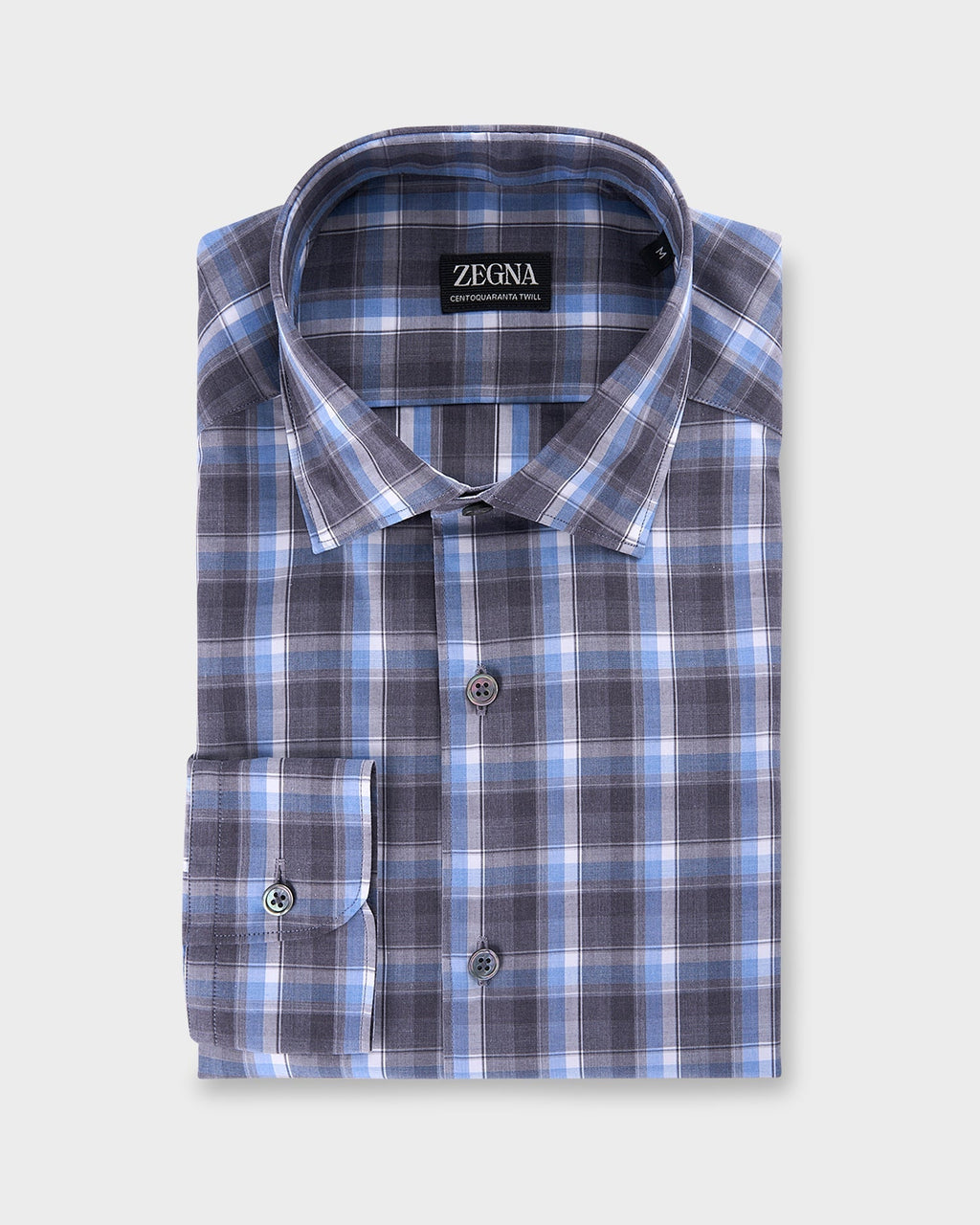 Blue And Grey Check Centoquaranta Twill Cotton Shirt