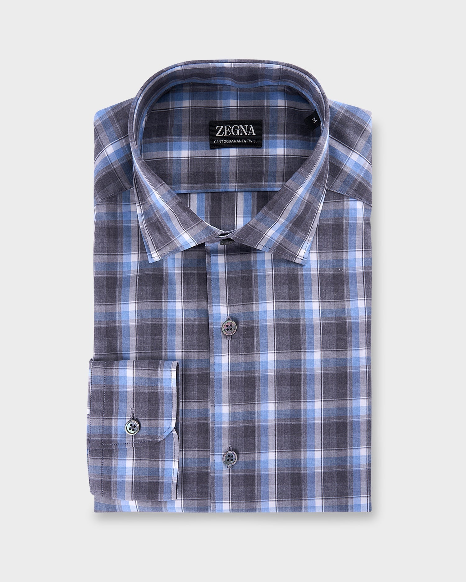 Blue And Grey Check Centoquaranta Twill Cotton Shirt
