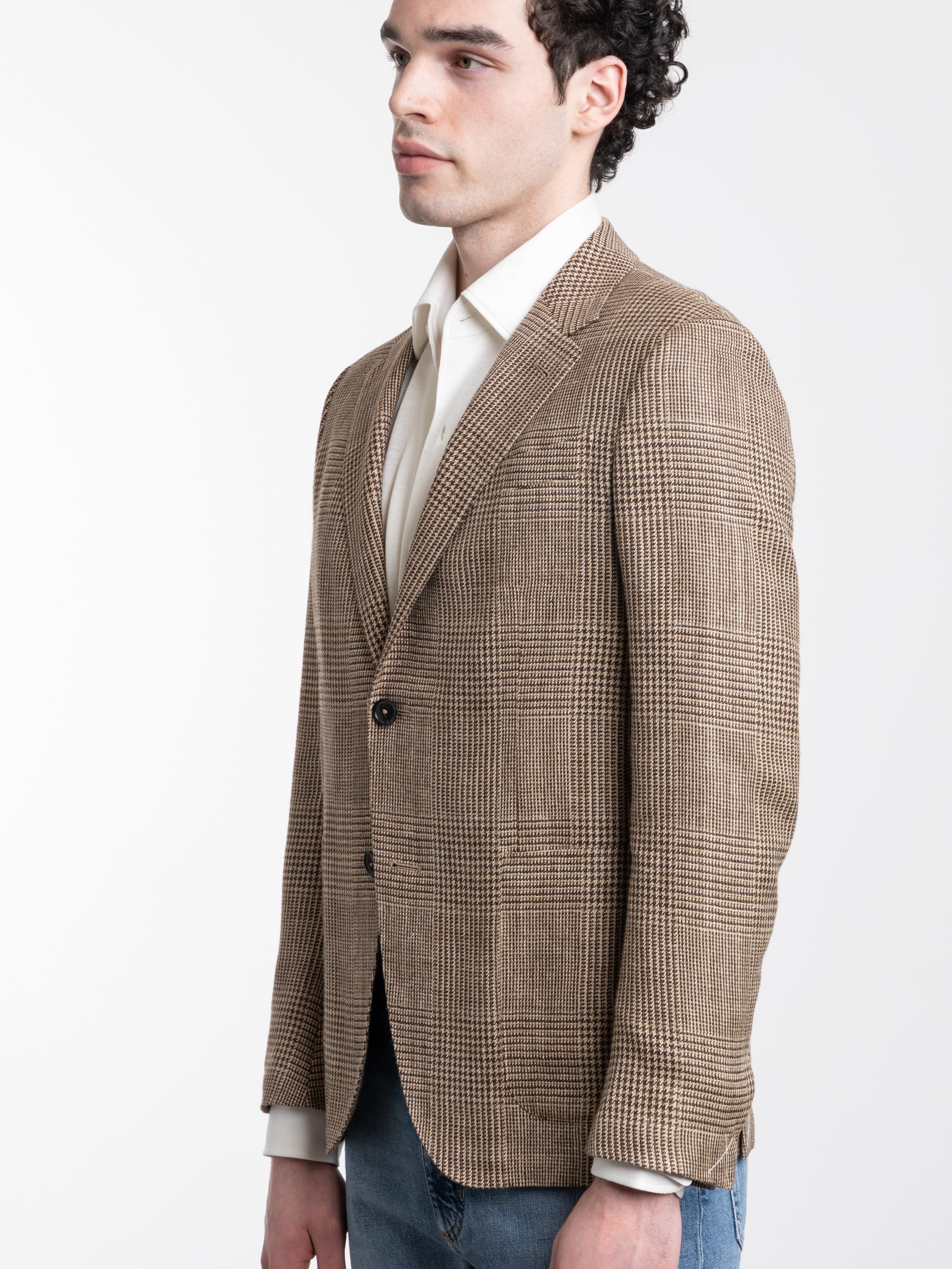 Beige and Dark Brown Silk Linen and Wool Jacket