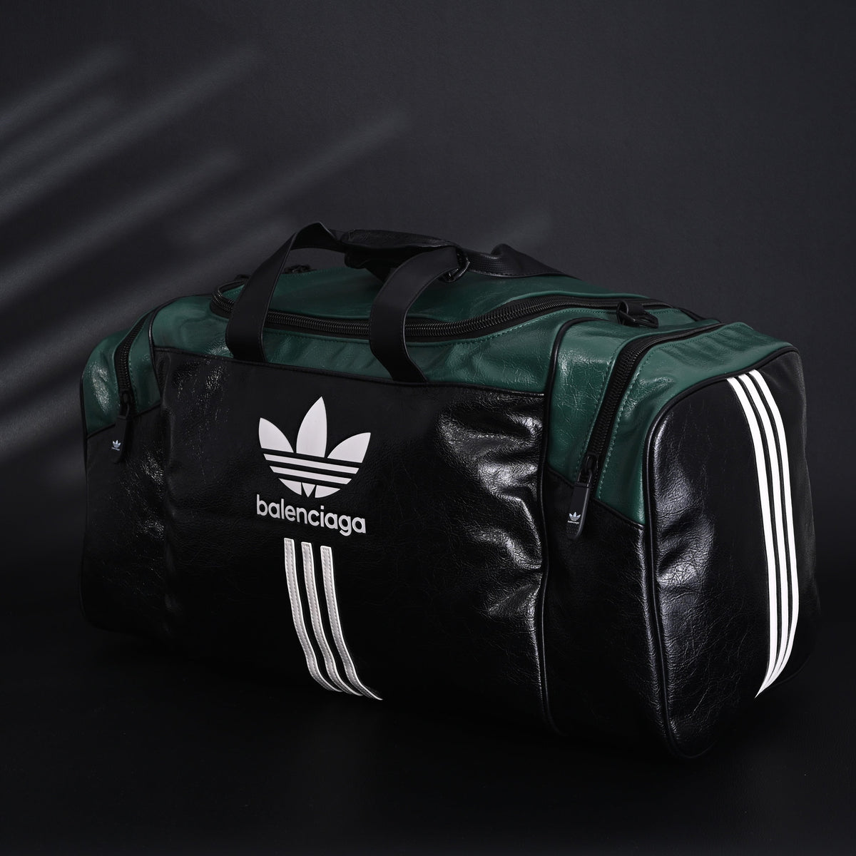 Balenciaga x adidas Large Duffel Travel Bag – Black & Green with Trefoil Logo and Triple Stripes