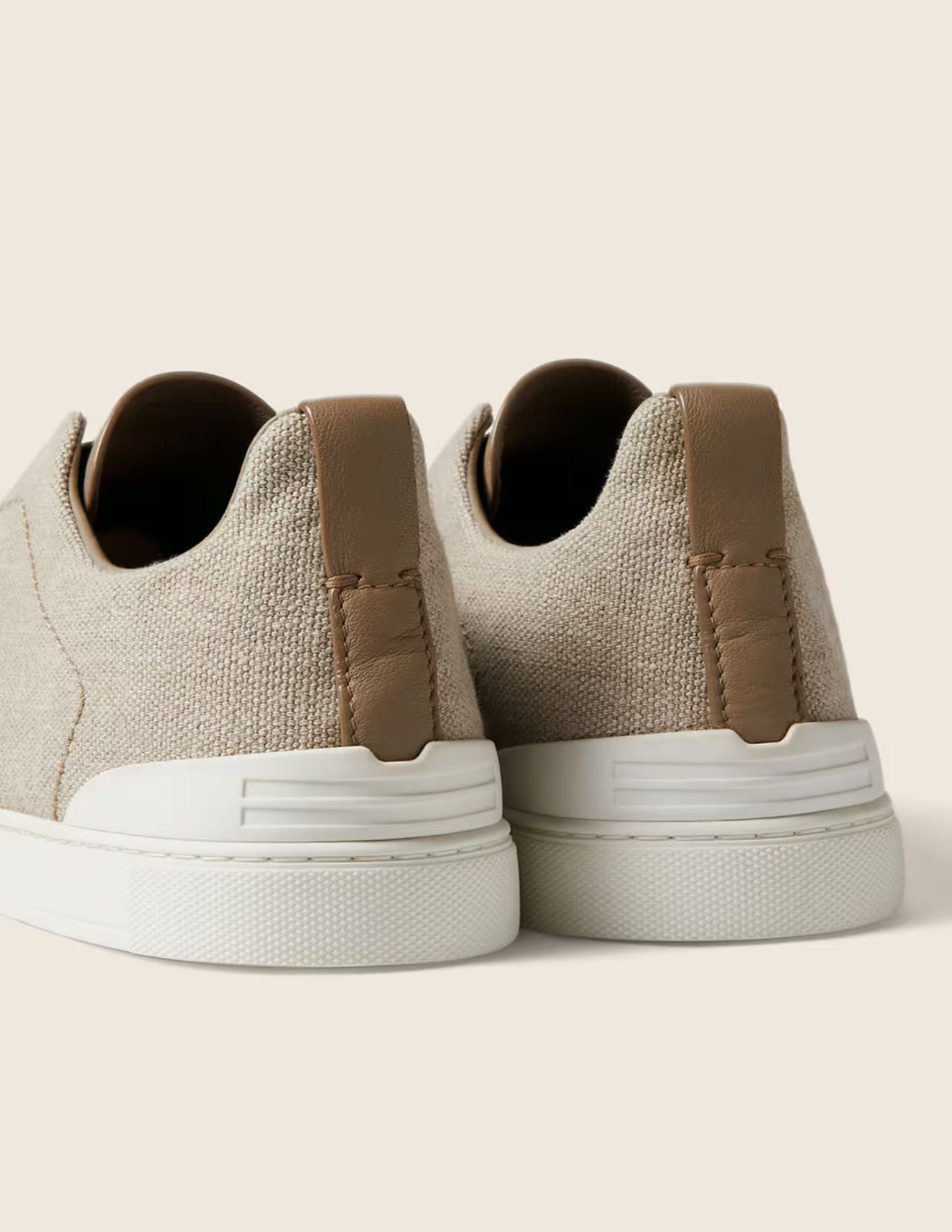 Cotton Linen & Leather Triple Stitch Sneakers | Light Beige