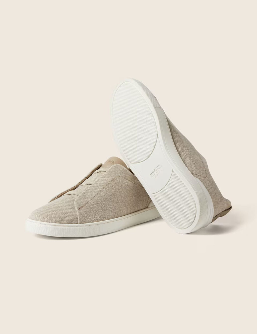 Cotton Linen & Leather Triple Stitch Sneakers | Light Beige