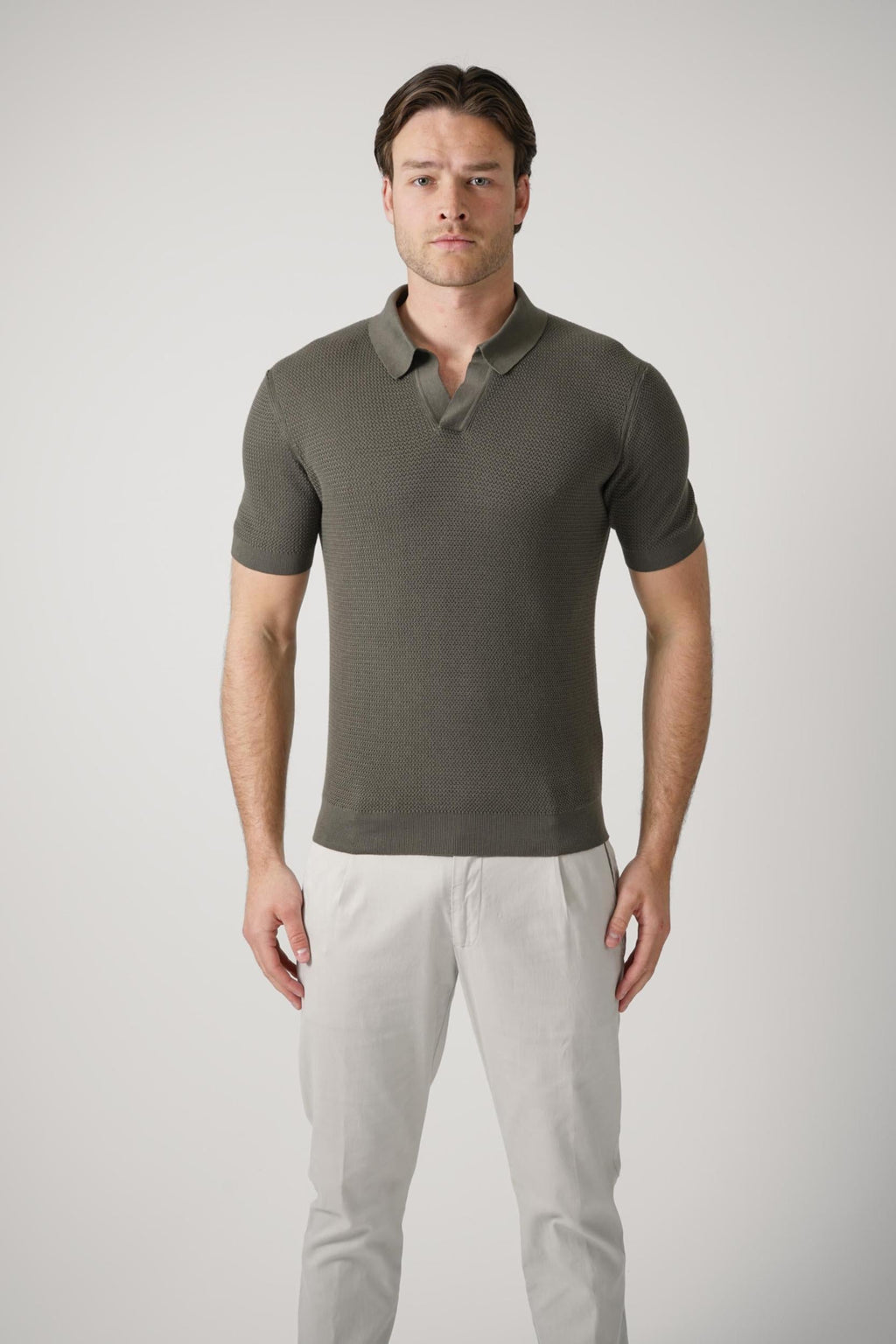 Zegna Knitted V-Neck  Polo Olive Green