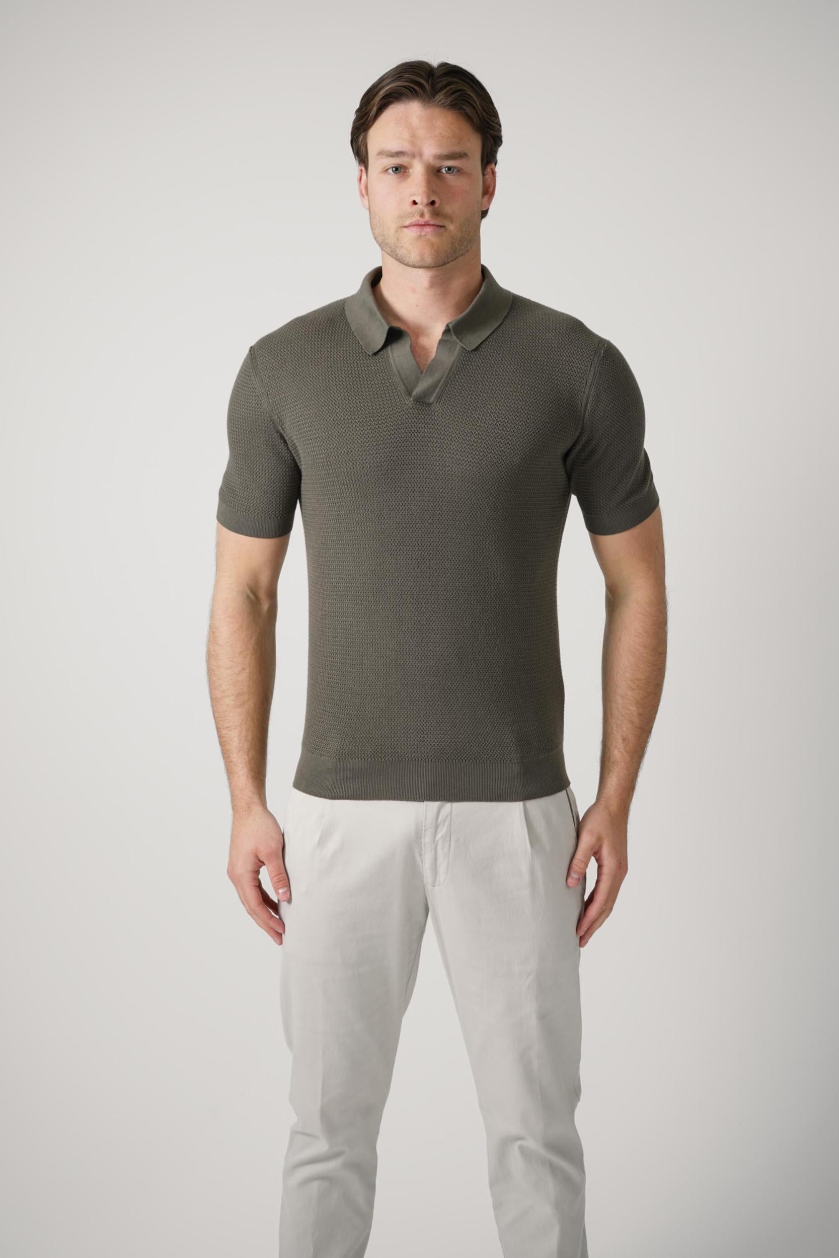 Zegna Knitted V-Neck  Polo Olive Green