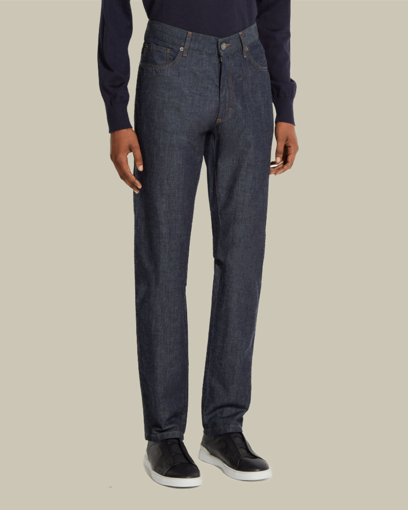 Blue Cotton & Linen Slim Fit Denim Jean
