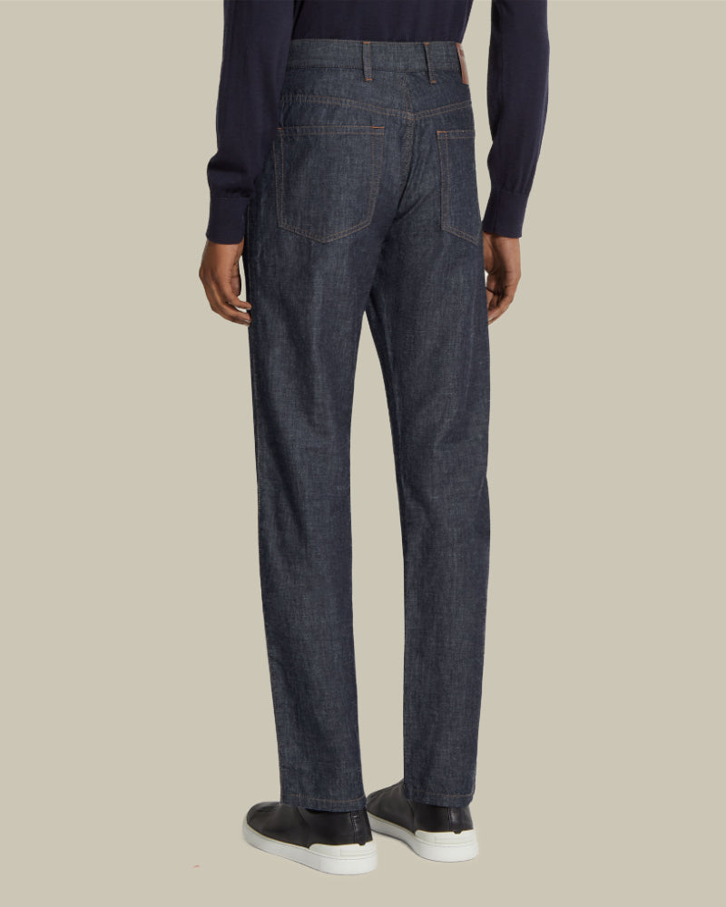 Blue Cotton & Linen Slim Fit Denim Jean