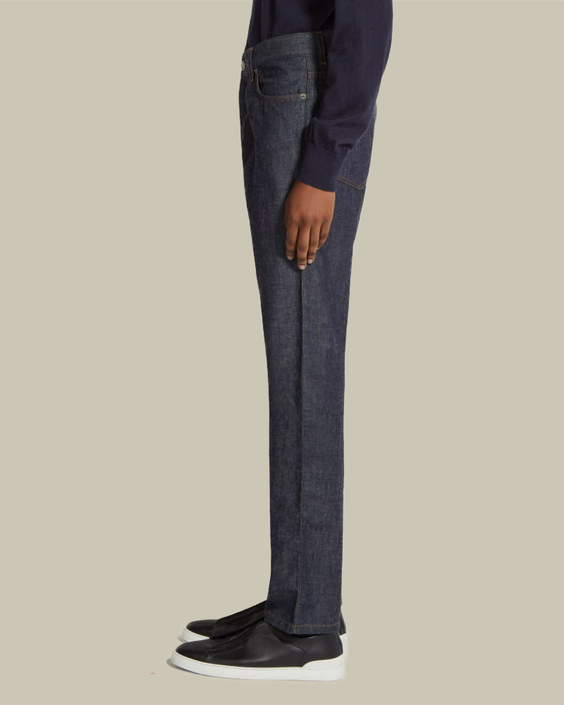 Blue Cotton & Linen Slim Fit Denim Jean