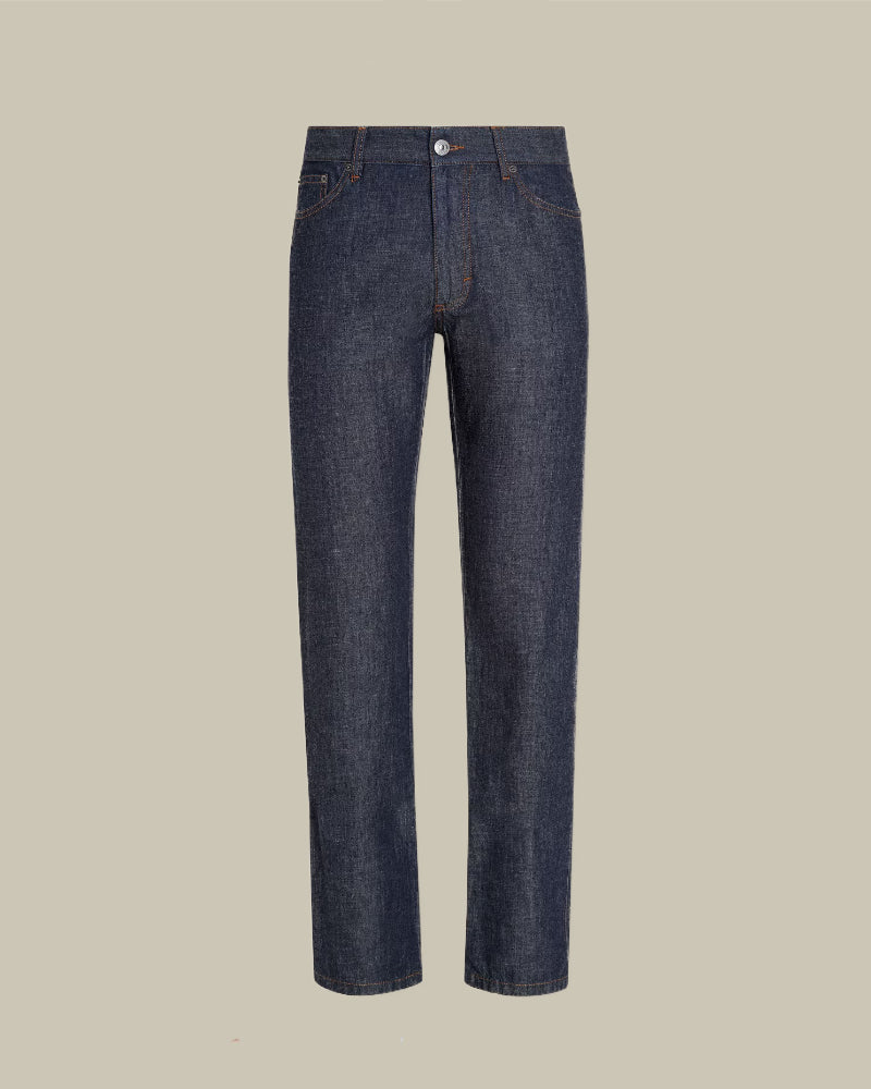 Blue Cotton & Linen Regular Fit Denim Jean